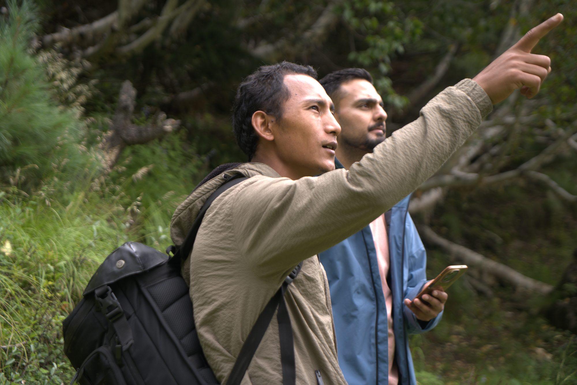 The guide pointing something out on the forest trail