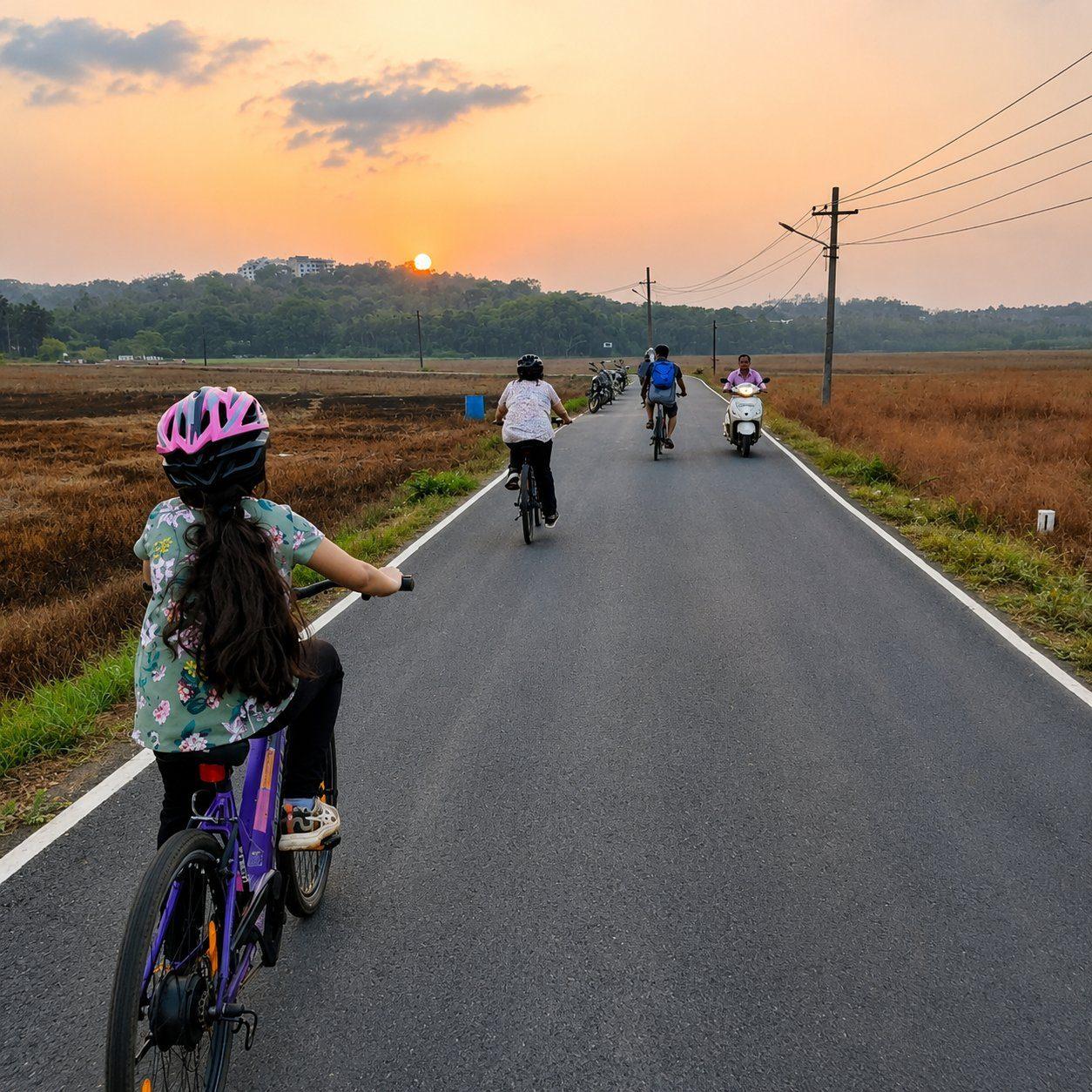 A rider heading down the road at sunrise past the khazan fields