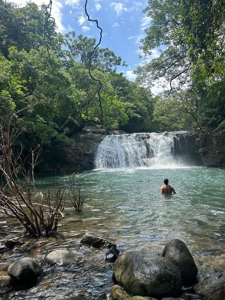 A swimmer in the plunge pool beneath the waterfall