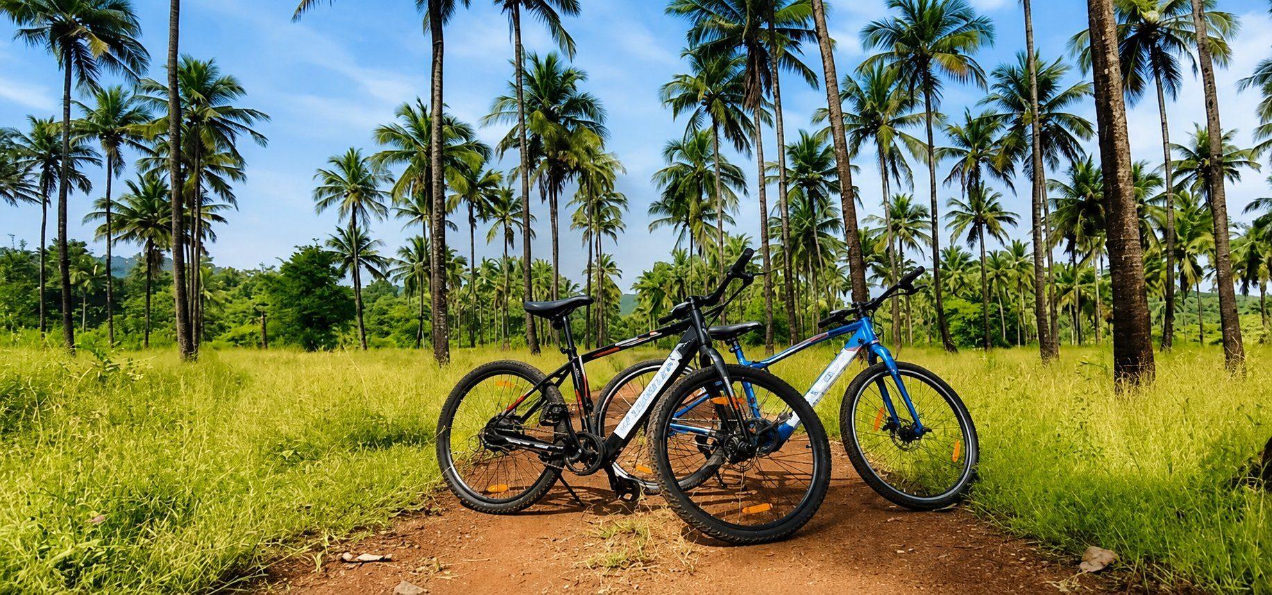 Two bikes parked on the track under the coconut palms