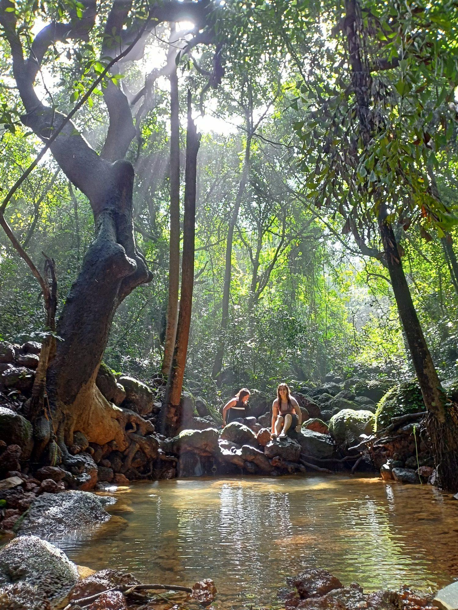 Guests resting on rocks beside the forest stream pool