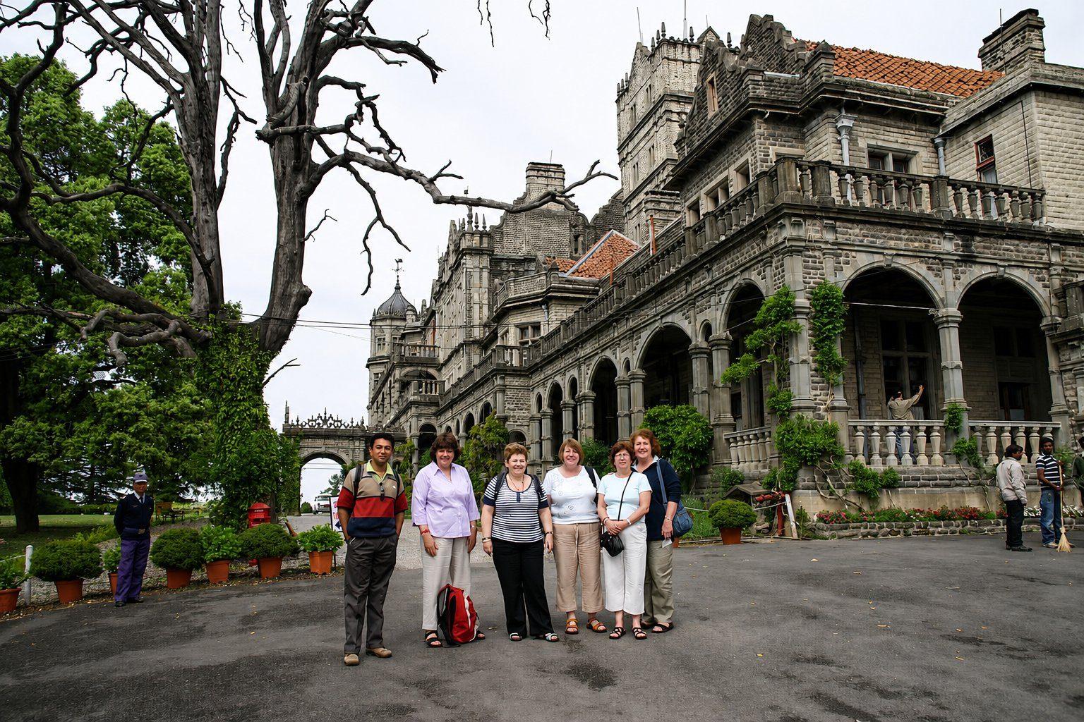 A group posed in front of the lodge among bare trees