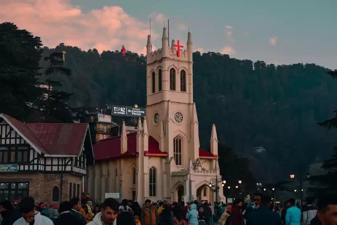 Christ Church on the Ridge under pink cloud at dusk