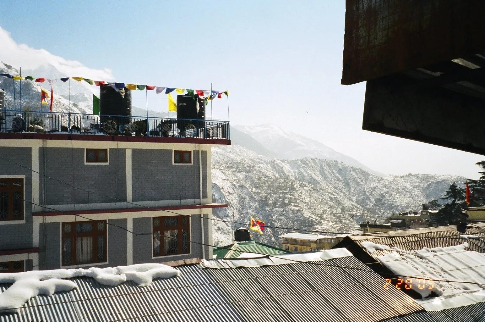 McLeod Ganj below the snow-covered Dhauladhar range with Tibetan prayer flags over the rooftops