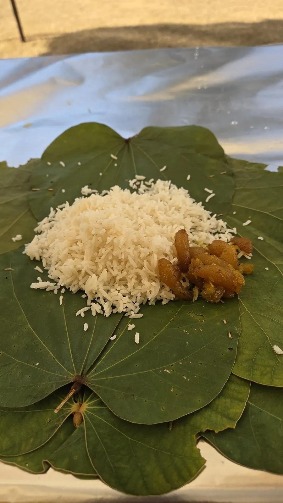 Steaming basmati rice and golden khatta on stitched sal-leaf pattal at a Himachali Dham in Mandi district, the traditional zero-waste leaf plate used for the 1,000-year-old community feast tradition