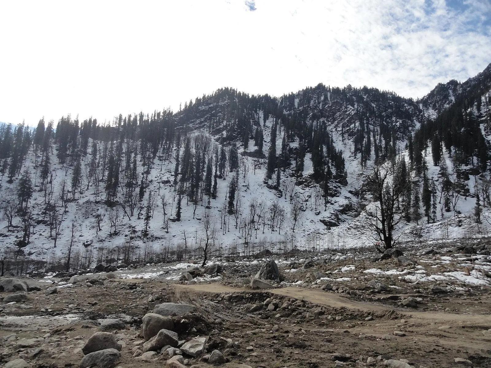 Solang Valley above Manali in winter with bare-leaf trees against snow-streaked hillsides and a rocky, partly thawed valley floor