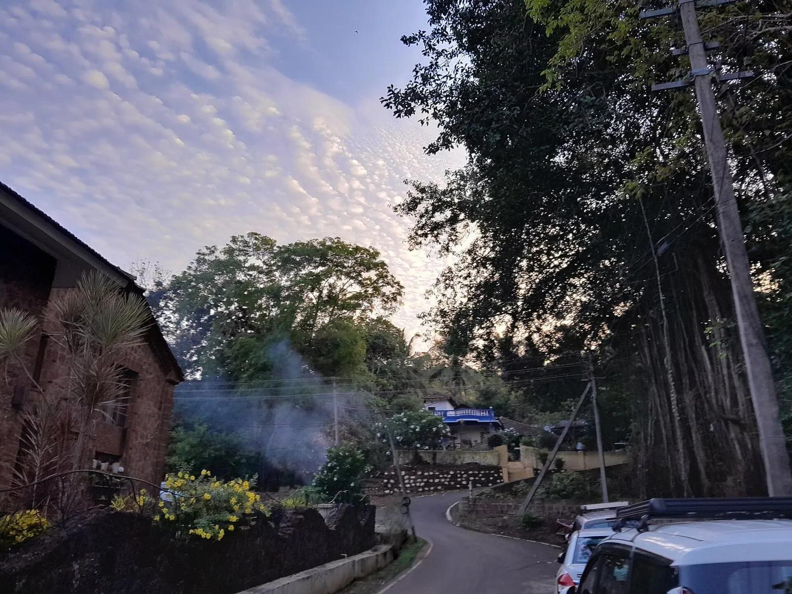A quiet paved village lane in Salmona near Saligao, North Goa, at golden hour, lined with trees, laterite walls and a Portuguese-era tiled house, a couple of cars parked ahead.