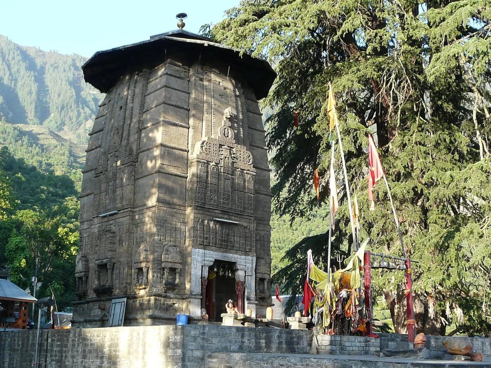 The tall stone Shikhara of the Manimahesh Temple at Bharmour, central spire of the 84-temple Chaurasi complex