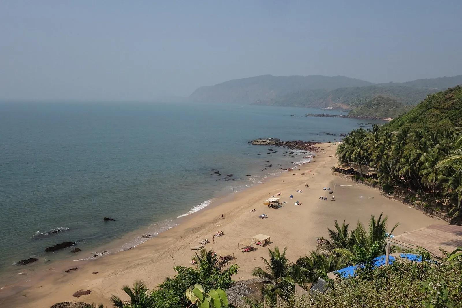 Cola bay in South Goa seen from the road above: a curved sandy beach, forested headland, palms and turquoise water with a few shacks