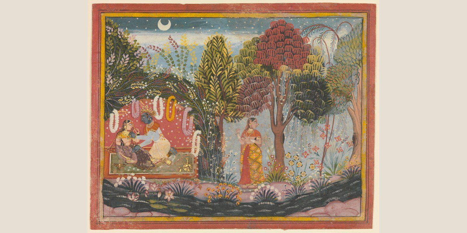 Historic Mewar painting of figures among flowering trees beneath a crescent moon, surrounded by a painted border.