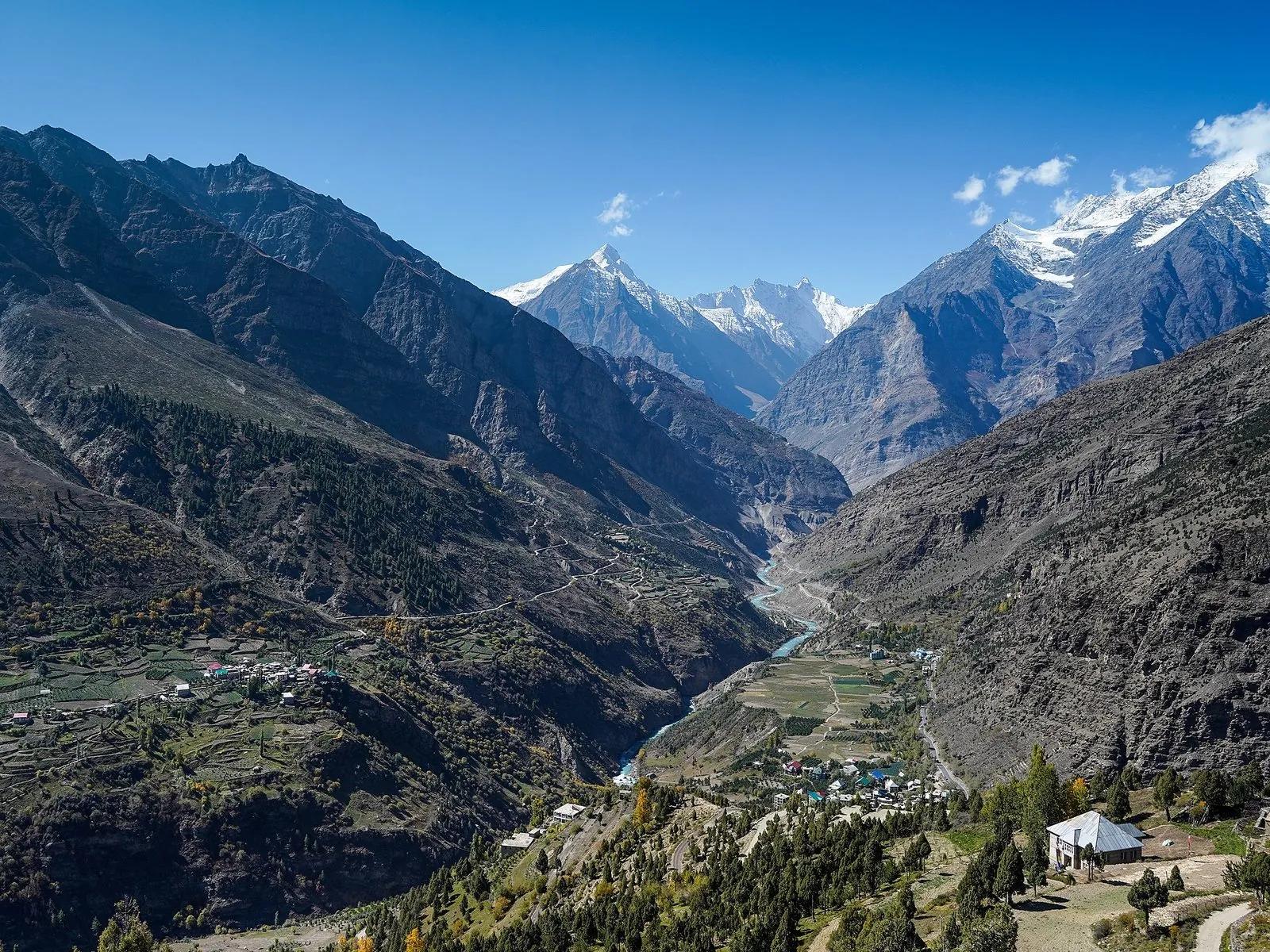 Bhaga Valley in Lahaul with brown lower slopes and snow clinging only to the high Dhauladhar peaks in late October