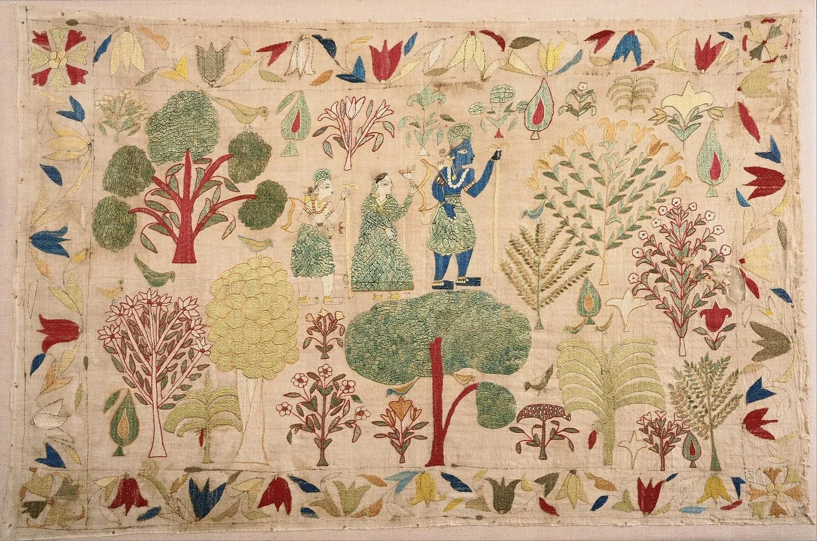 Antique Chamba rumal ceremonial cover with blue Krishna standing in a flowering grove, dense silk embroidery on unbleached cotton
