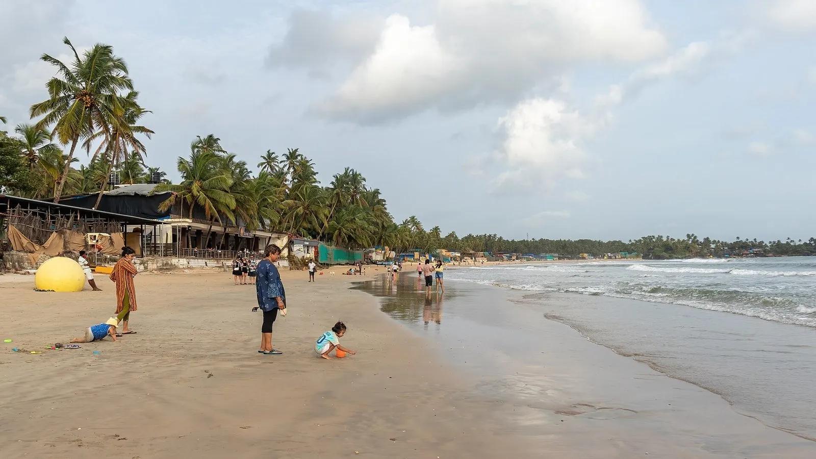 The long curved, palm-backed sweep of Palolem beach in South Goa with calm water