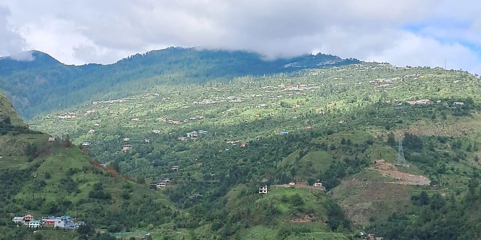 Green hills and scattered houses in the Shimla valley; regional illustration, not Applewood Farm.