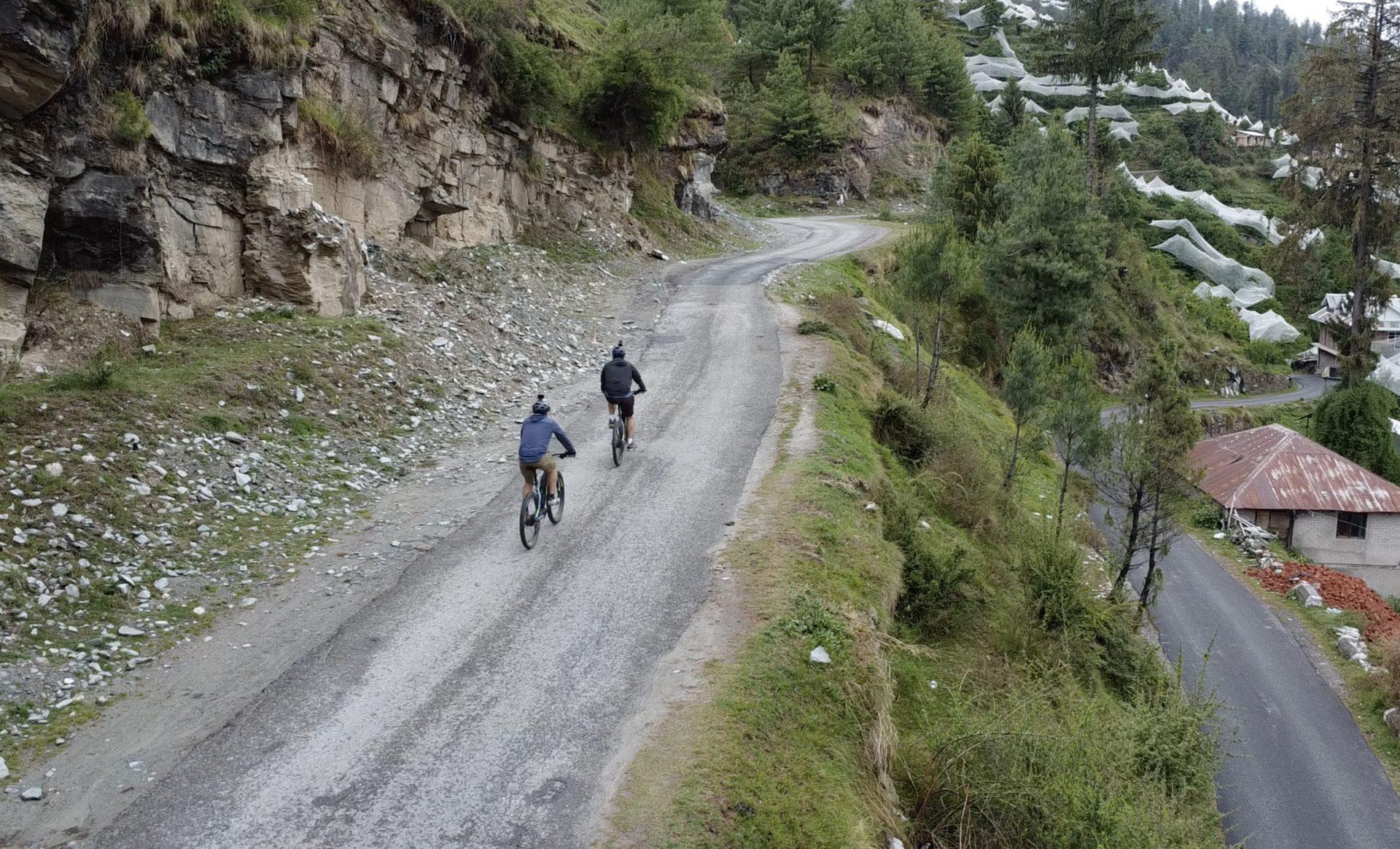 Riders on a forested valley road on the Brooks & Trouts route