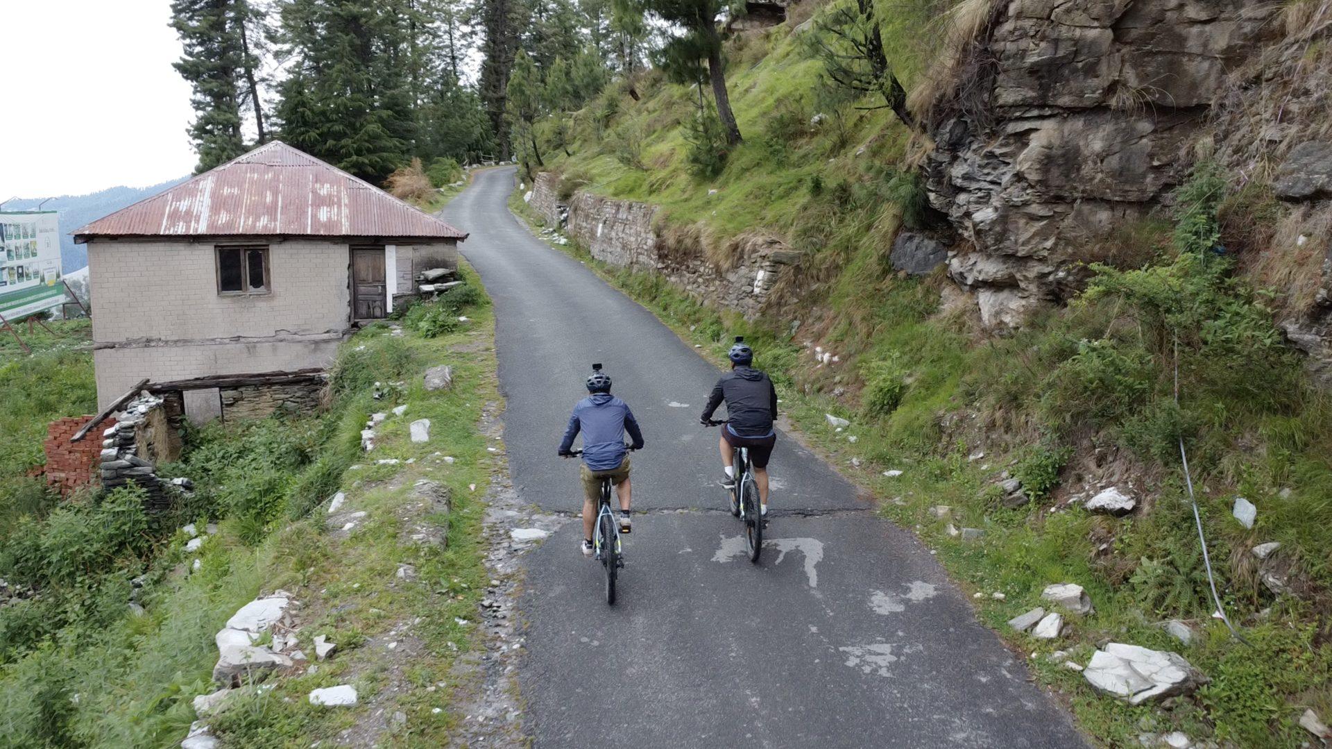 Riders on a forested valley road on the Brooks & Trouts route