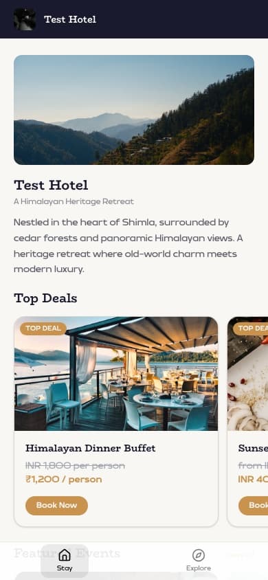 Guest hotel landing page with branding and top deals