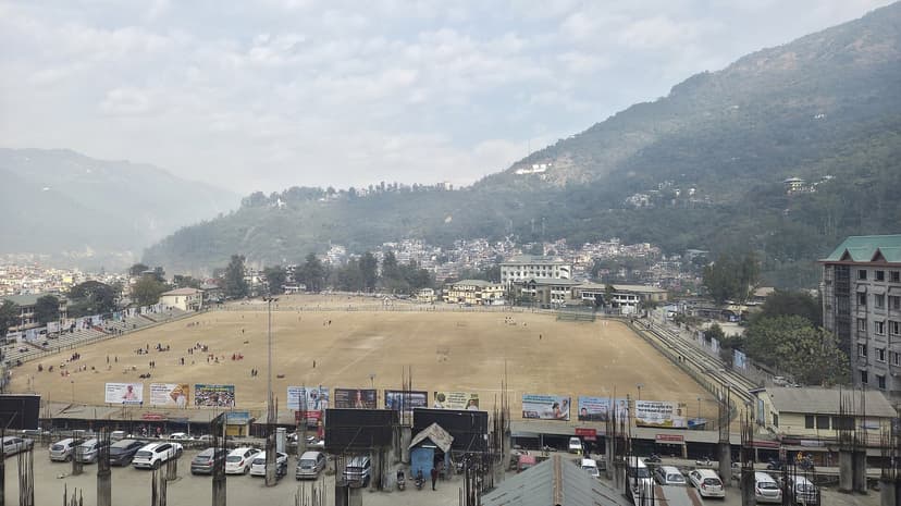 Paddal Ground in Mandi town with mountains behind, venue for the week-long Shivratri fair where 216 deities converge