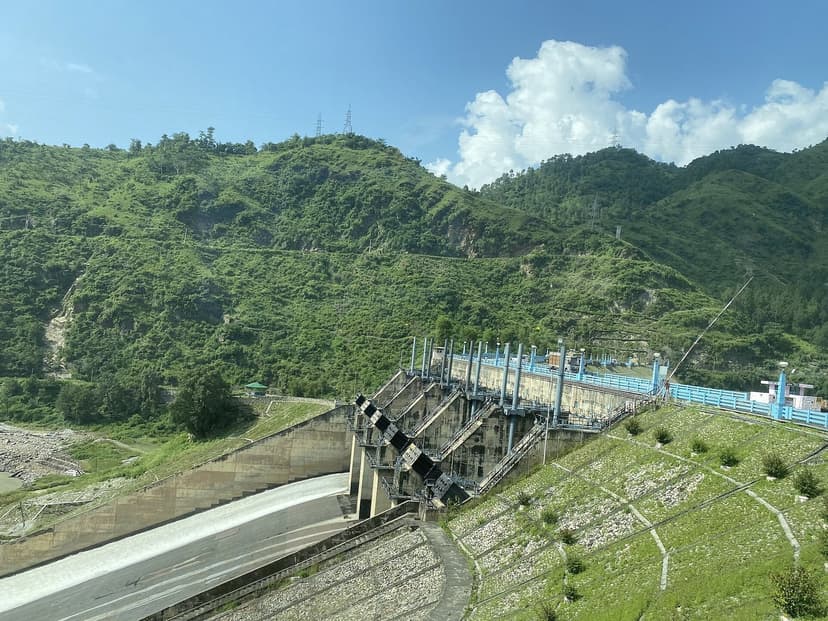 Pandoh Dam on the Beas, the hydroelectric project on NH-3 between Mandi and Aut, with green hills behind