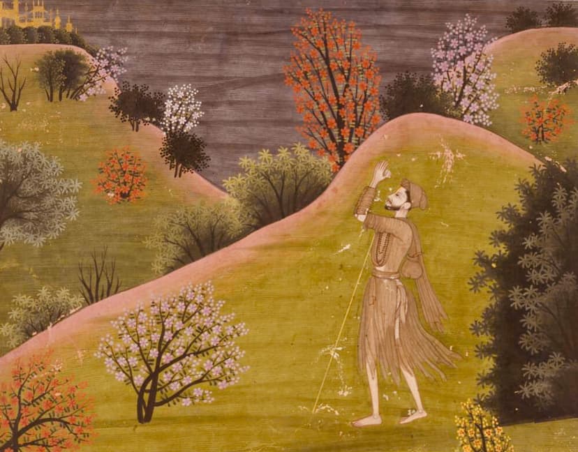 Pahari miniature painting from Guler school circa 1770, figure of Sudama walking through hills of blossoming red, white and pink trees