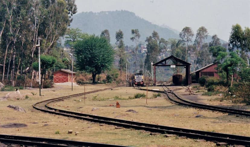 Curving tracks of the Y-shaped reversing triangle at Baijnath Paprola depot, with a locomotive in the engine shed