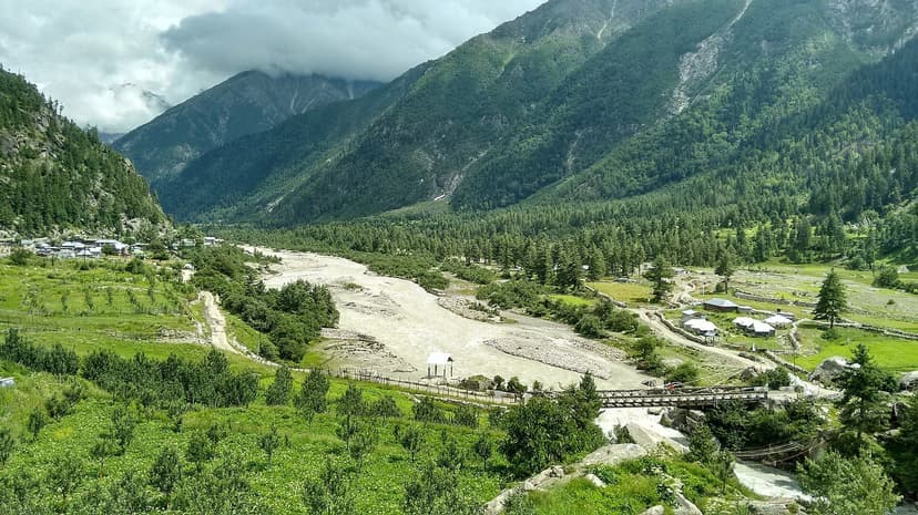 Wide view of the Baspa River valley in summer