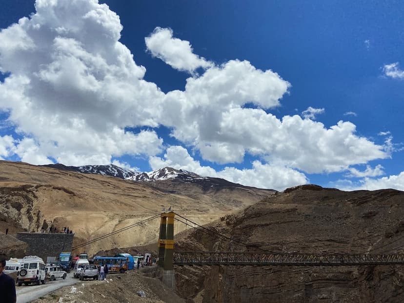 The Chicham suspension bridge over a deep gorge near Kibber in Spiti