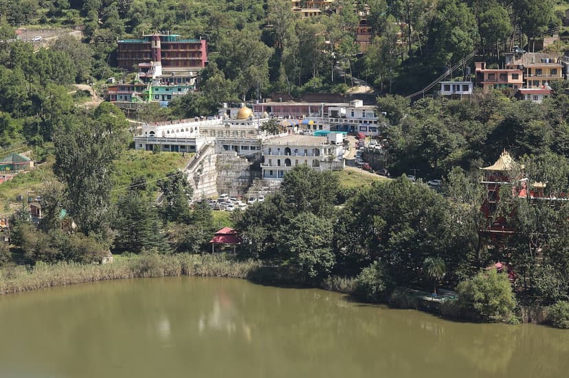 The dark green Rewalsar lake with white monastery and temple buildings stacked on the wooded hillside above it