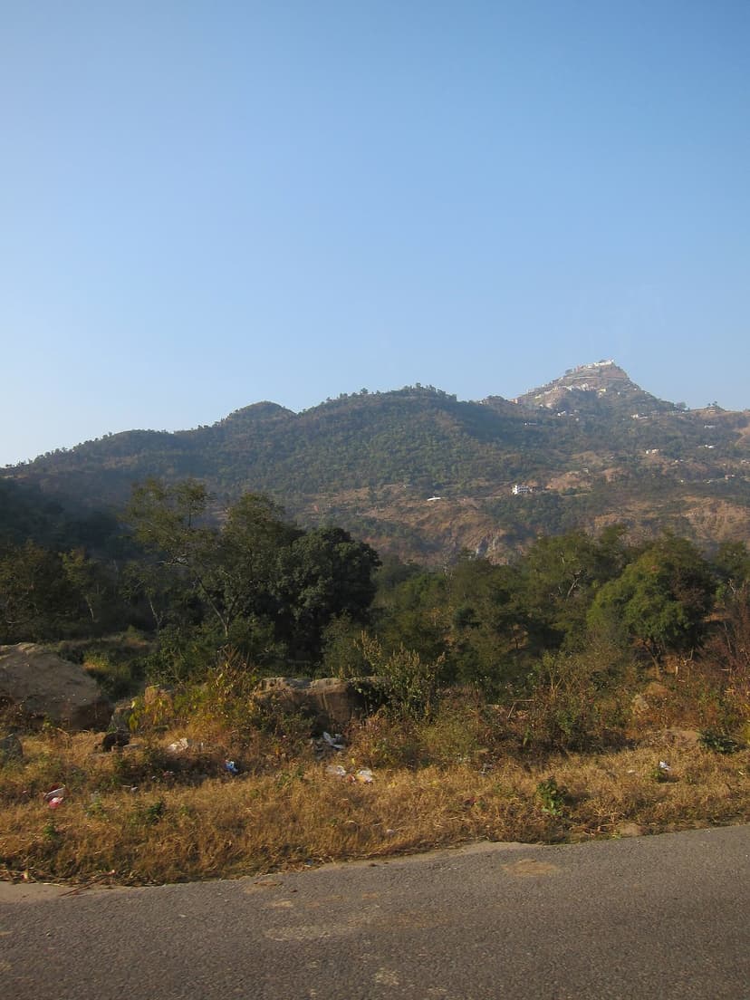 The pilgrimage town of Naina Devi built up a hillside in Bilaspur with the temple complex visible on top