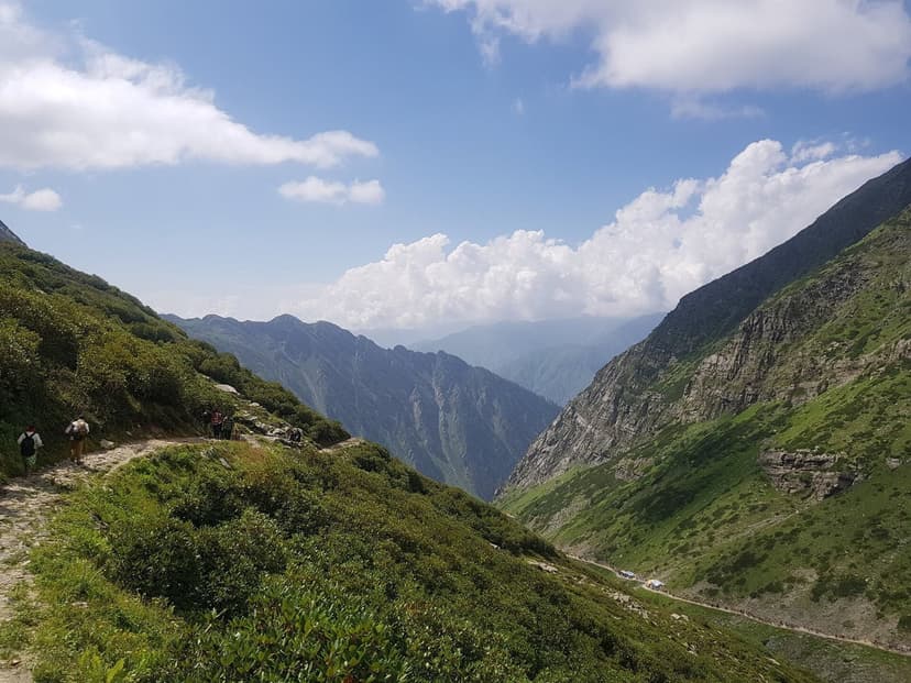 Trekkers on the Manimahesh trail with high-altitude alpine vegetation and Pir Panjal mountains
