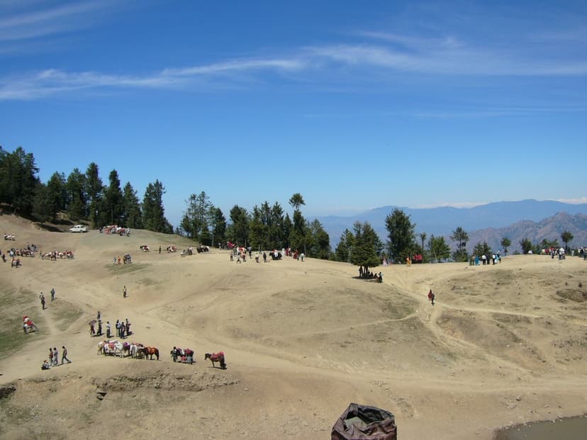 Wide view from Kufri Mahasu Peak — saddled horses with handlers, family groups on the dirt path, snow-tipped Himalayan range in the distance