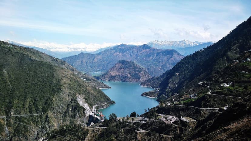 Chamera Lake reservoir on the Ravi River with Pir Panjal snow range behind, Chamba district landscape