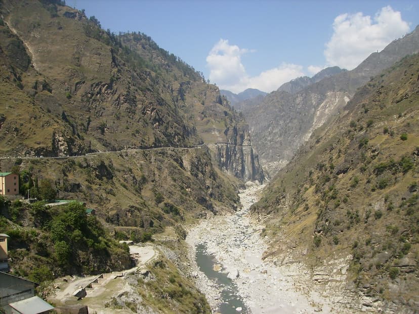 The NH-5 Hindustan-Tibet road cut into a cliff high above the Sutlej river gorge in Kinnaur