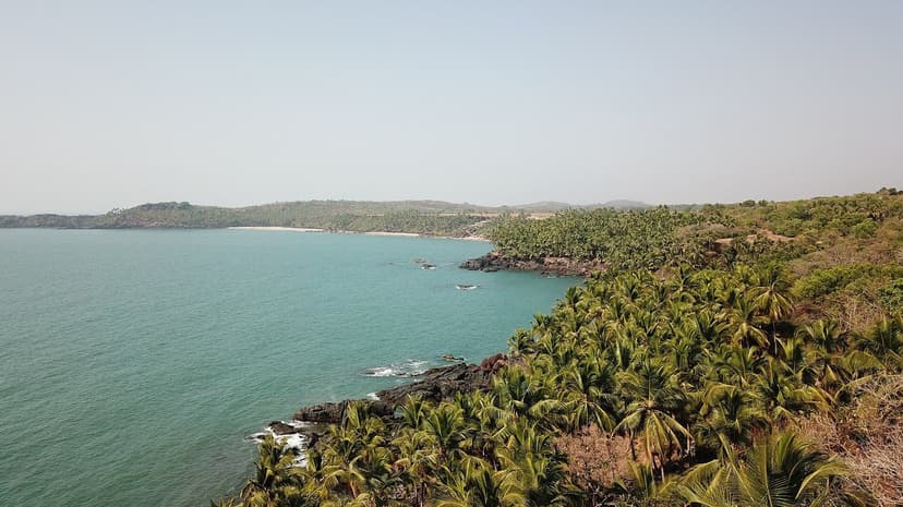 Wide view of a turquoise bay and palm-covered headlands from the Cabo de Rama fort area in South Goa