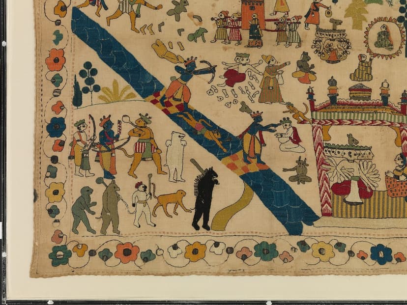 Detail of an embroidered Chamba region cover in the Metropolitan Museum of Art showing archers, soldiers and animals along a blue diagonal river