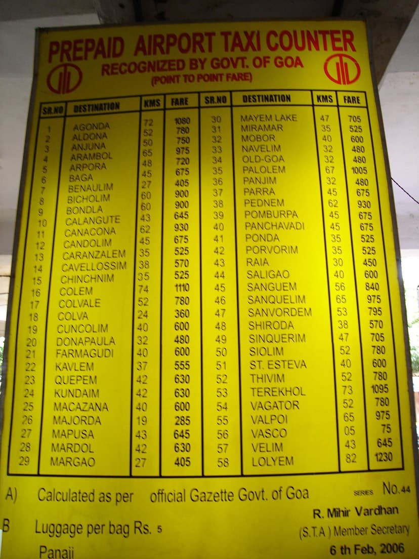 A yellow government prepaid-taxi rate board at Goa airport listing fixed fares per destination