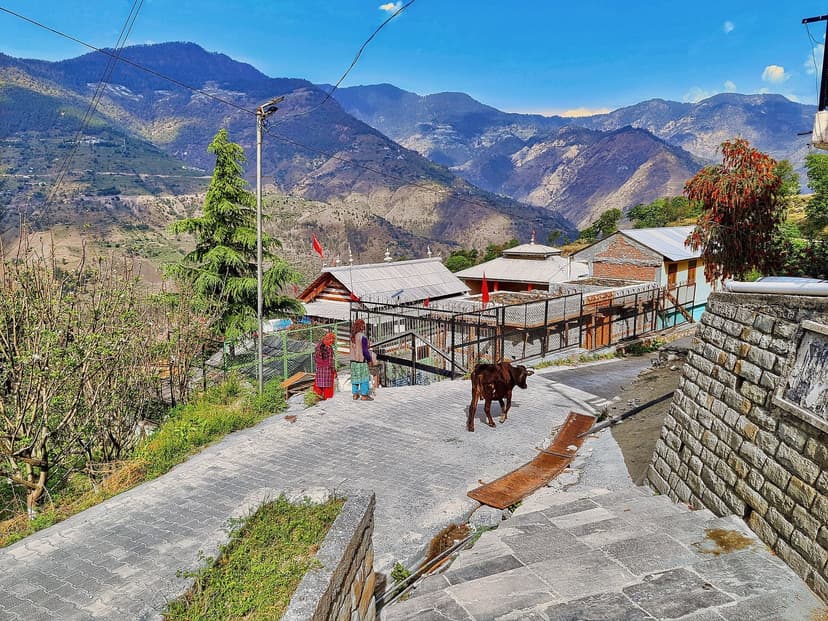 Stone steps descending from a Himachal hill temple, with dressed stone flagging, women in saris, a cow on the path, and terraced hillsides and a valley below