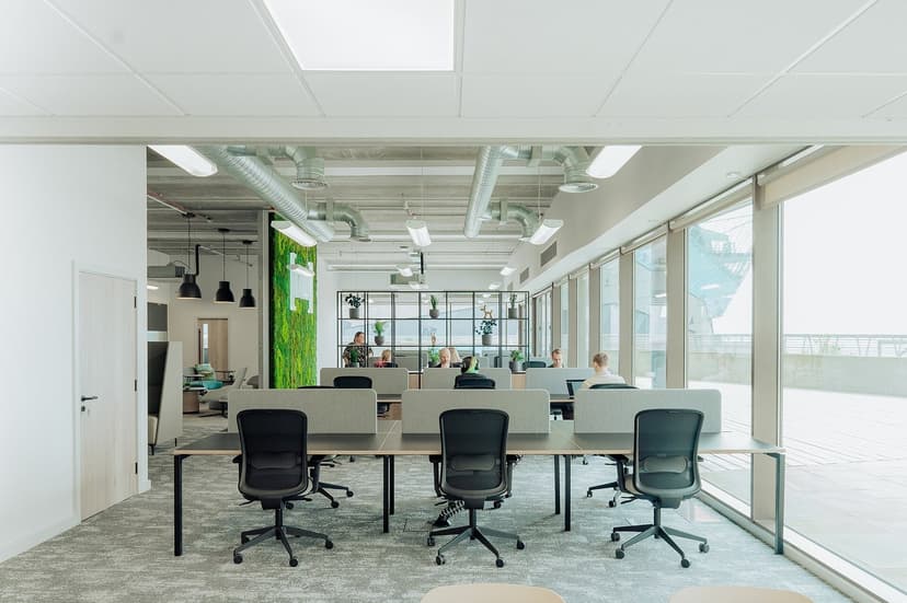A bright modern co-working space with desks, ergonomic chairs, a moss wall and big windows