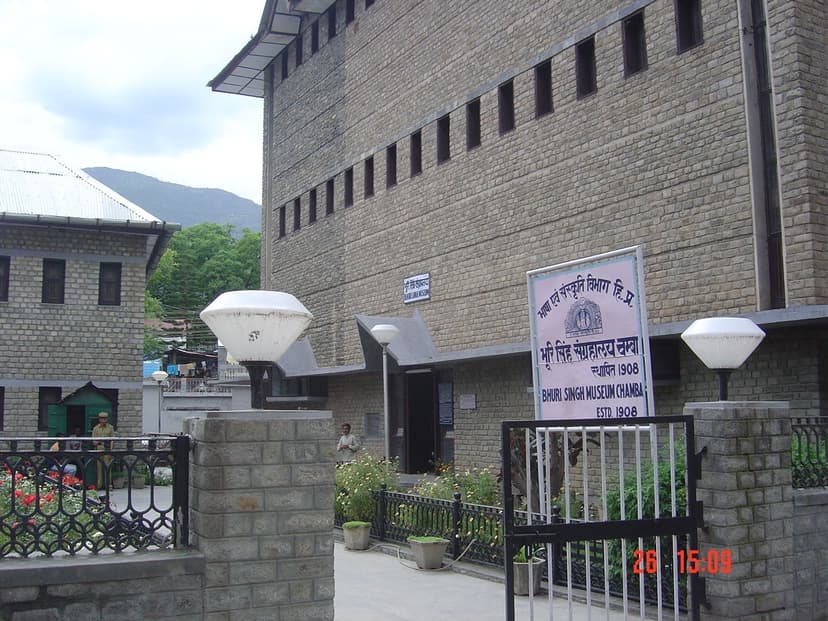 Entrance of Bhuri Singh Museum in Chamba, stone building with signboard reading Bhuri Singh Museum Chamba Estd 1908