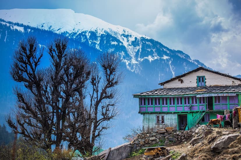 Traditional Himachali wooden house at Nakthan village with snow capped Himalayas in background