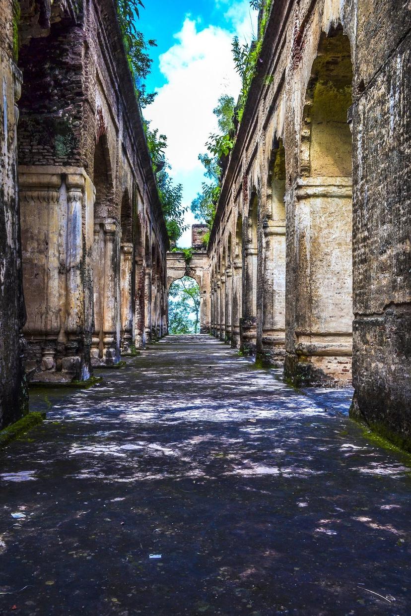 Ruined colonnade inside Sujanpur Tira fort in Hamirpur, two rows of weathered stone columns and arches with vegetation growing from the walls