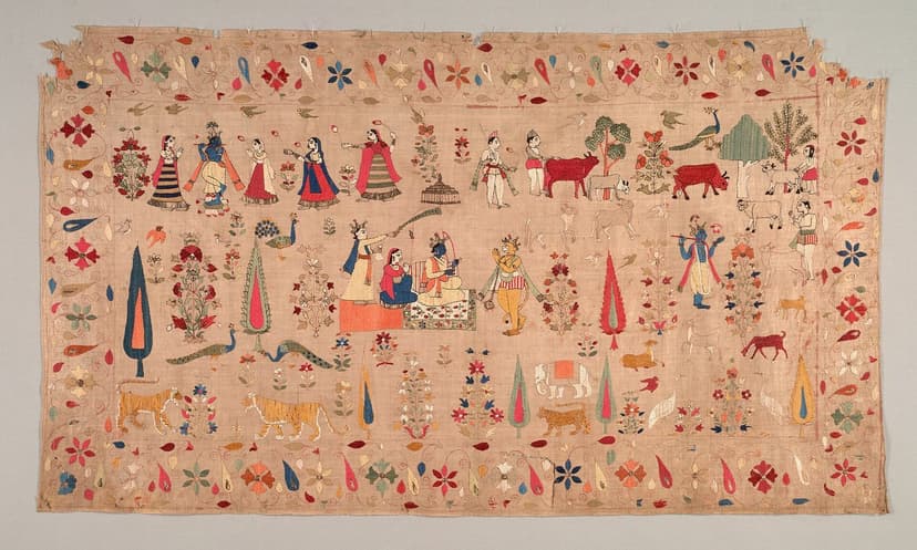 Large rectangular Chamba rumal embroidered with rows of scenes from Krishna's life, cows, peacocks, tigers and cypress trees on pink-beige cotton