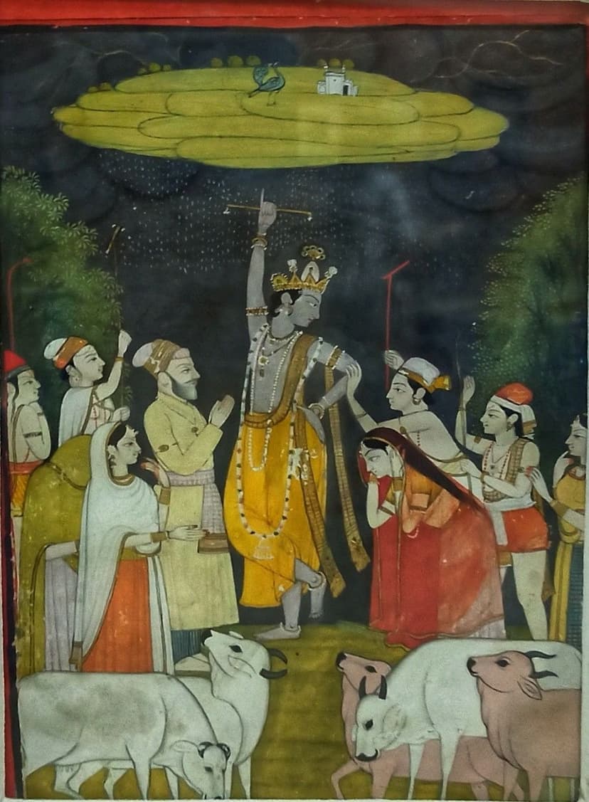Pahari miniature painting of Krishna lifting Mount Govardhan over villagers and cattle, Chamba kalam, Bhuri Singh Museum
