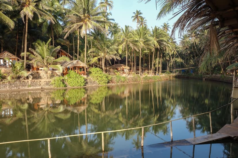 The freshwater lagoon at Cola Beach: still green water fringed by palms and thatched huts