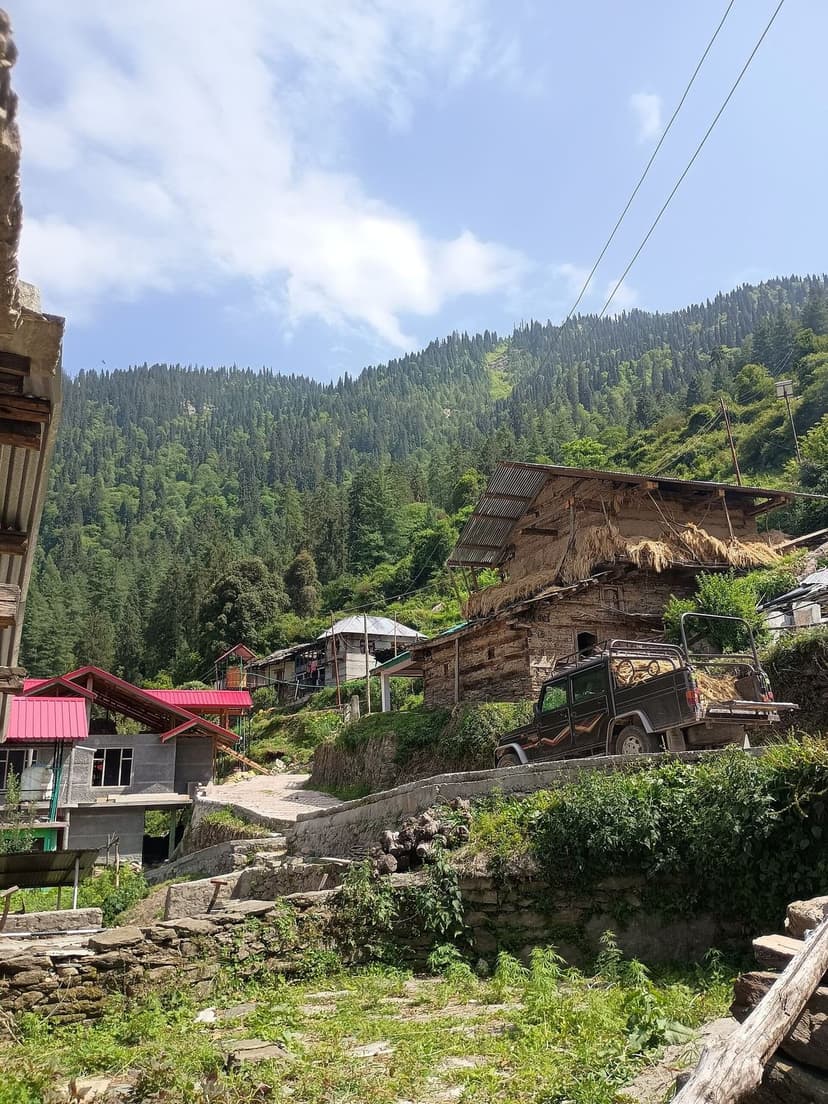 A traditional Himachali village in Sainj Valley with wooden slate-roofed houses and stacked hay on a forested slope