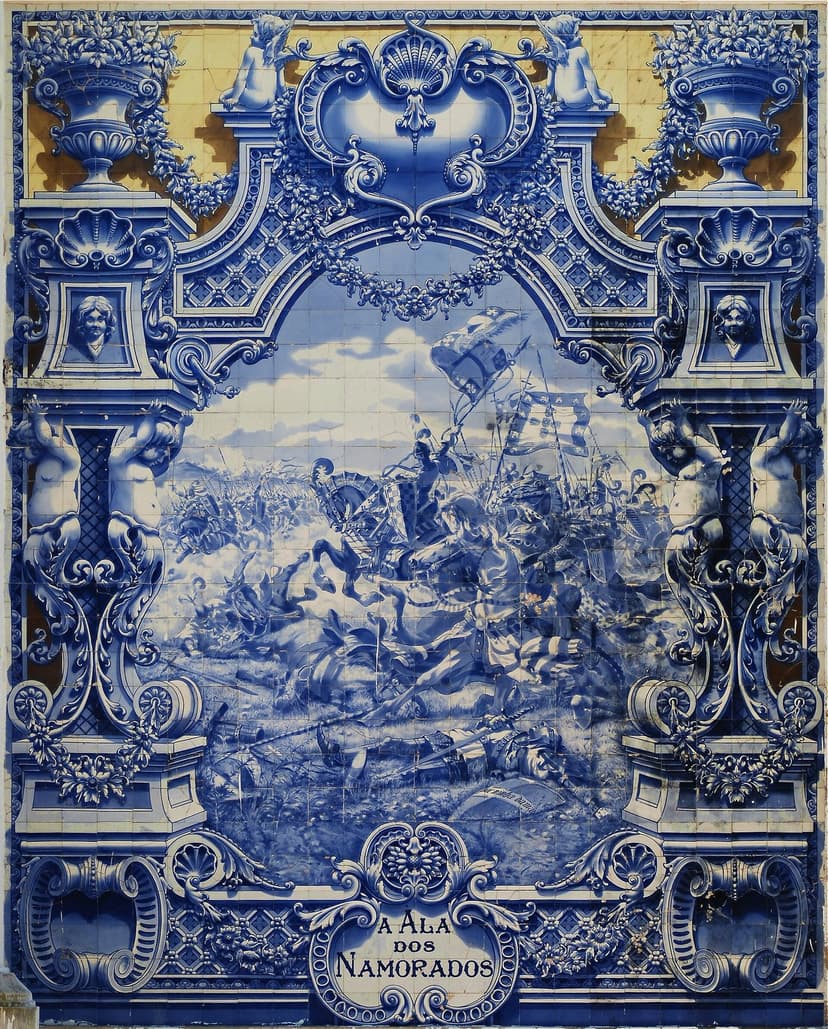A large blue-and-white Portuguese azulejo tile panel depicting a historical scene