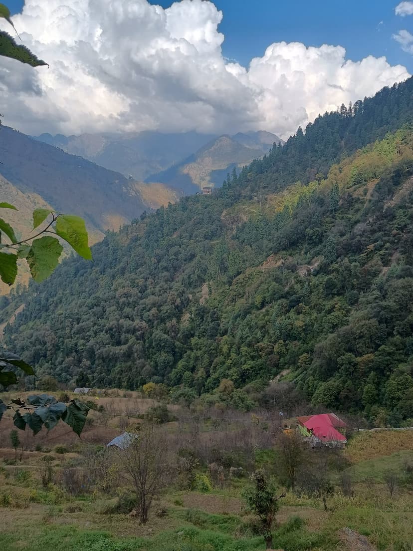 A wide view of Sainj Valley with scattered houses, terraced fields and forested ridges