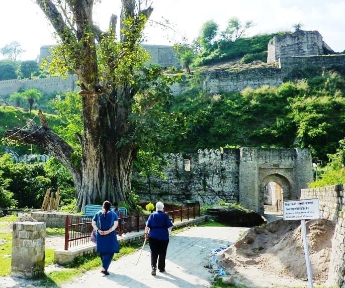 Two visitors in salwar kameez walking on the path toward the gate of Kangra Fort with massive banyan-tree roots and the fort's stone ramparts above