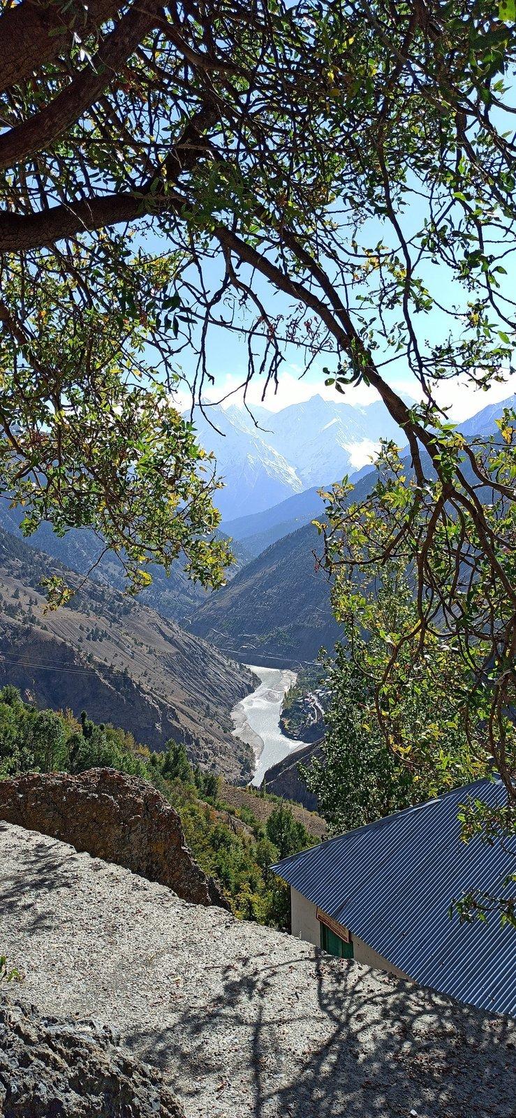 Sutlej river valley with steep mountain slopes in Kinnaur