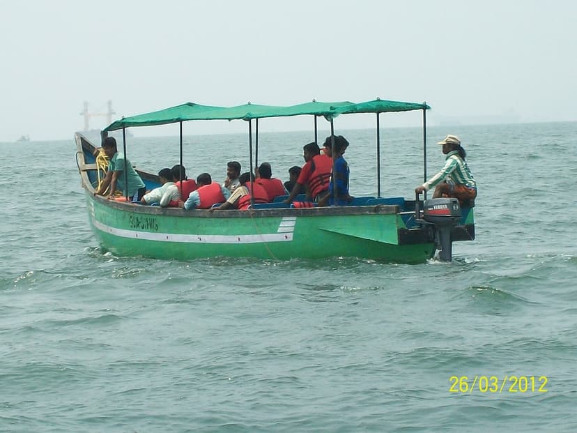 A green canopied tourist boat packed with passengers in orange life jackets on a dolphin trip off Coco Beach, Goa, hazy cargo ships on the horizon